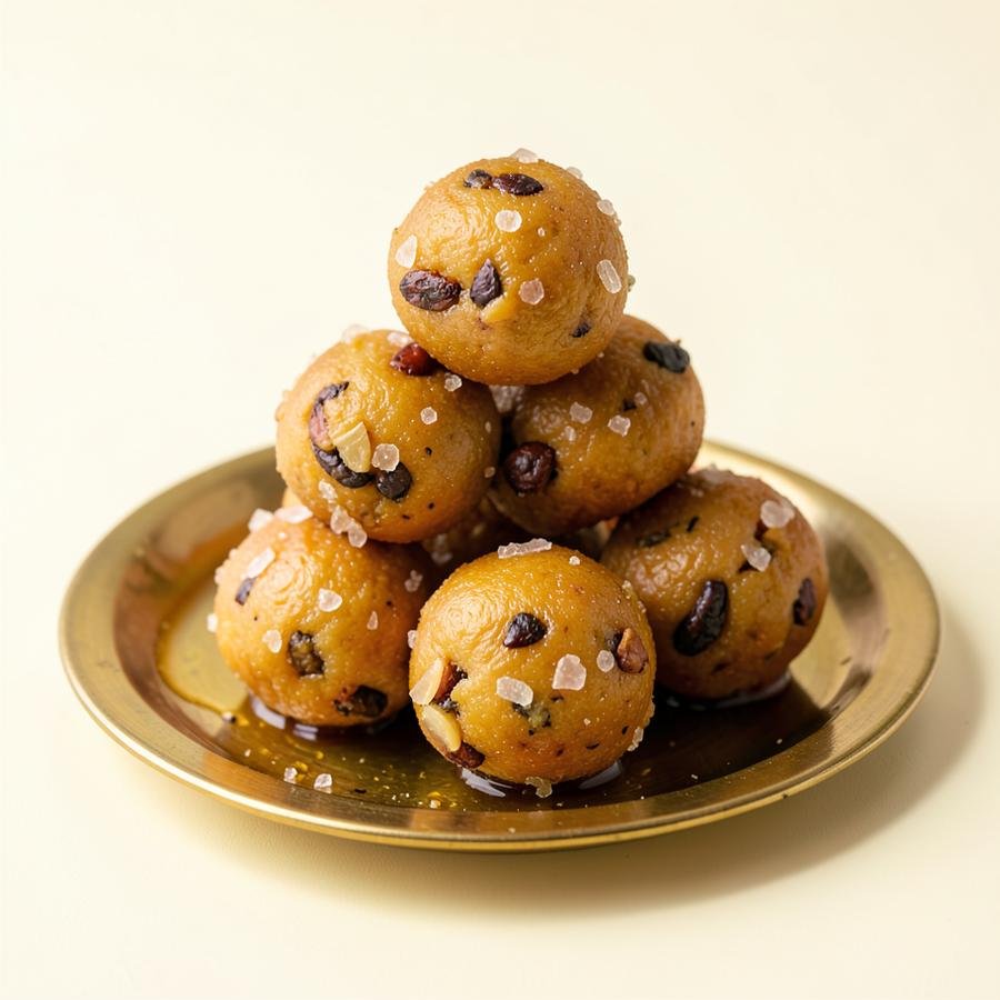 Golden dink laddoos with edible gum and dry fruit pieces stacked on a brass plate