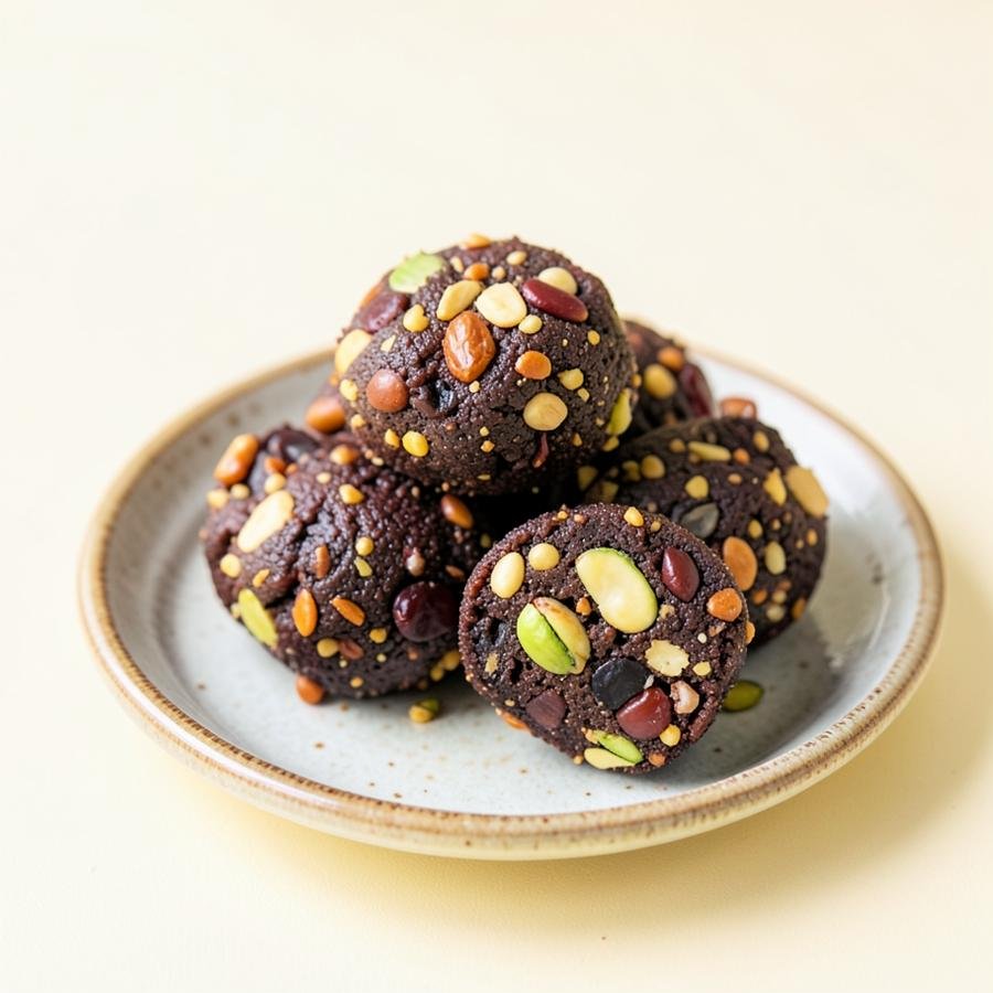 Dense dry fruit laddoos packed with almonds, cashews, dates and pistachios on a ceramic plate