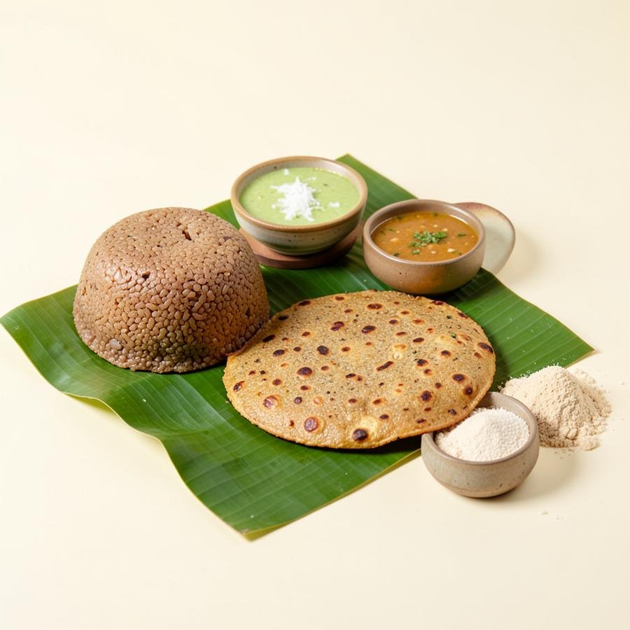 Soft ragi idli and crisp ragi dosa served on a banana leaf with chutney and a bowl of premix flour