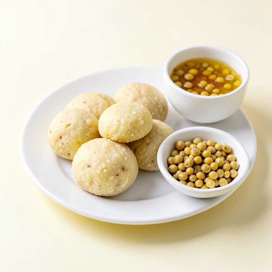 Pale golden moong dal laddoos on a white plate with a bowl of split yellow moong dal