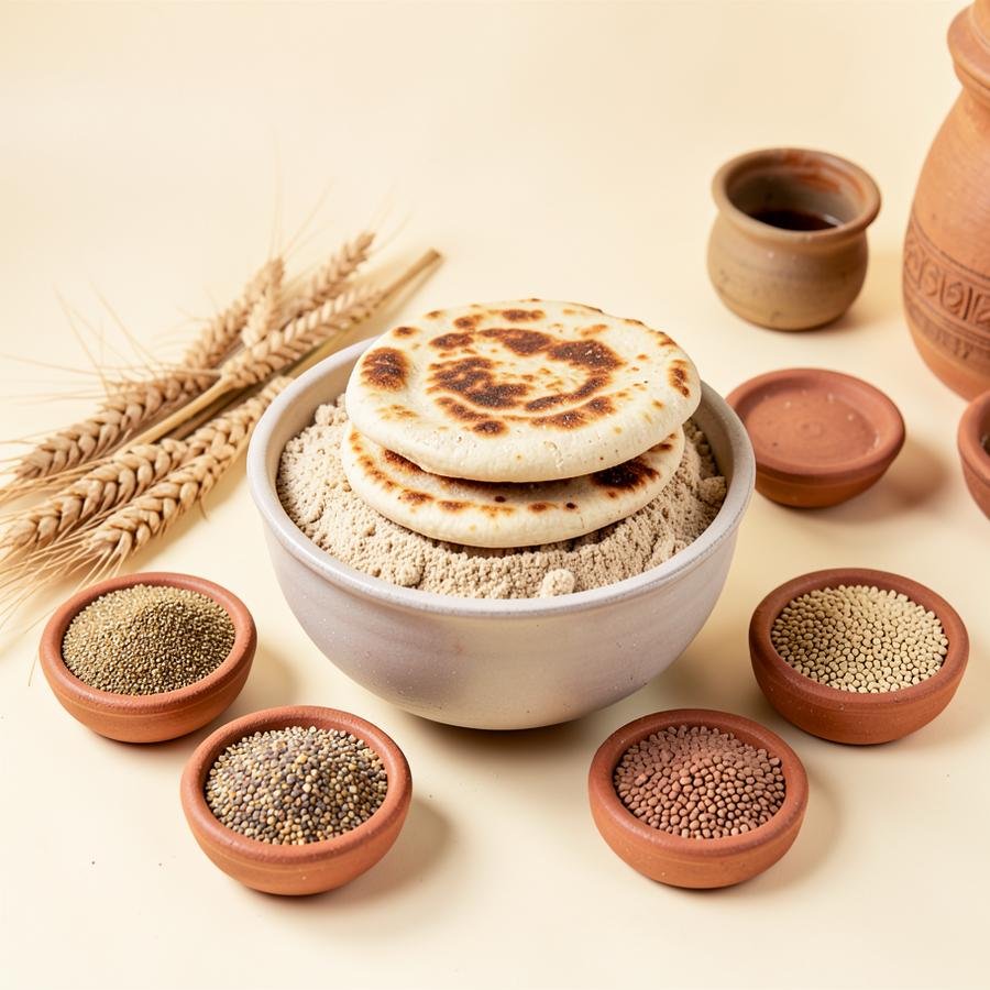 Bowl of multigrain atta with soft rotis, surrounded by clay dishes of wheat, jowar and bajra