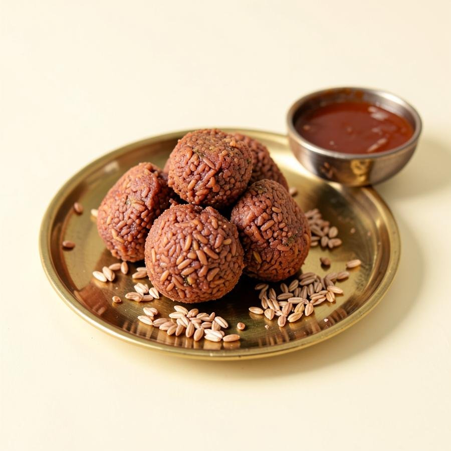 Reddish brown ragi laddoos on a brass plate with scattered finger millet grains and jaggery